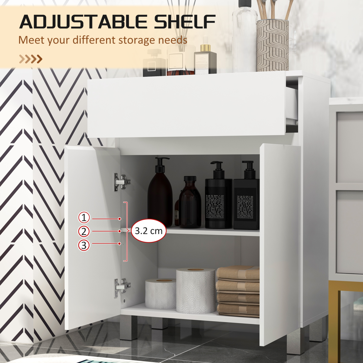 kleankin High Gloss Bathroom Floor Cabinet Storage Cupboard with Drawer