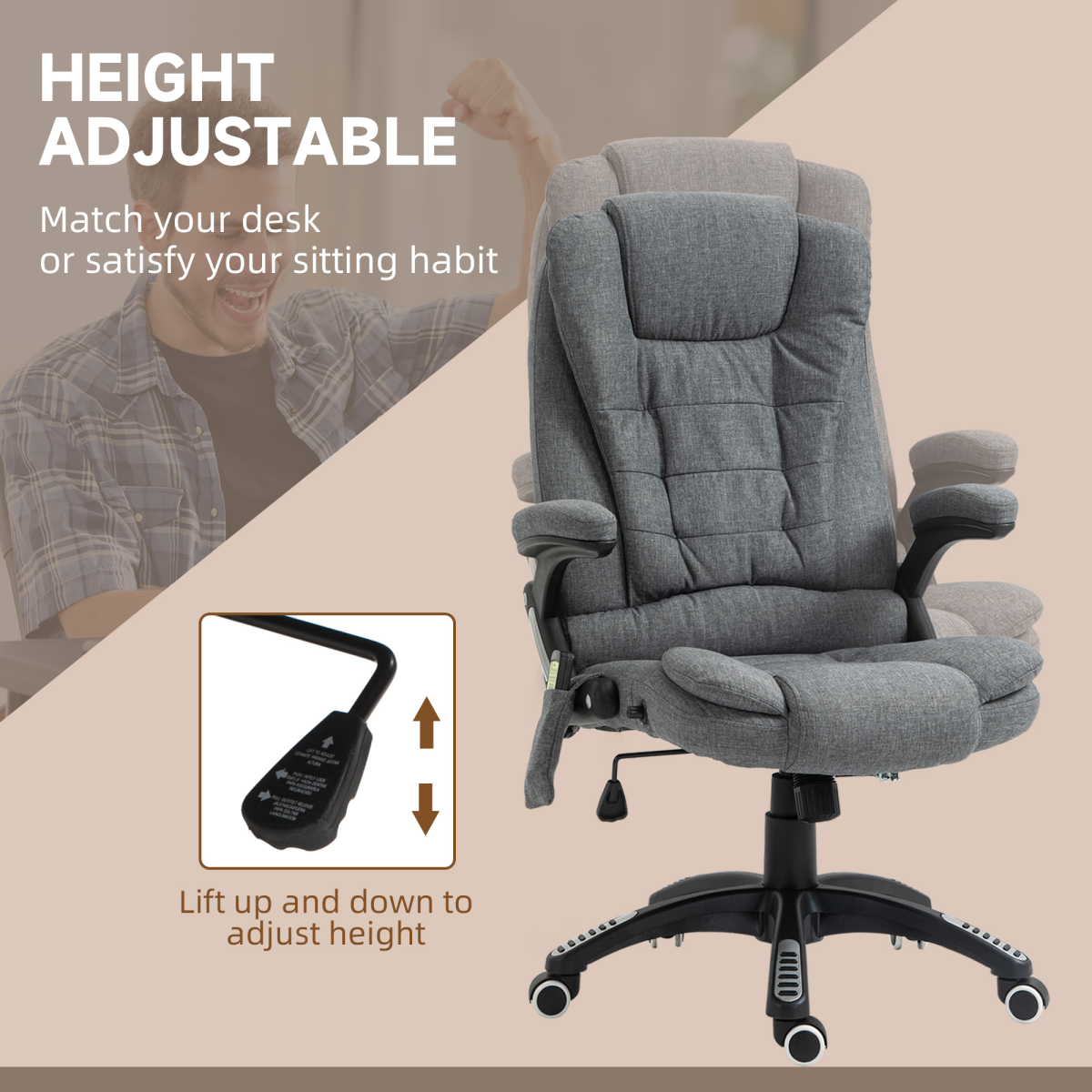 Executive Reclining Chair w/ Heating Massage Points Relaxing Headrest Grey