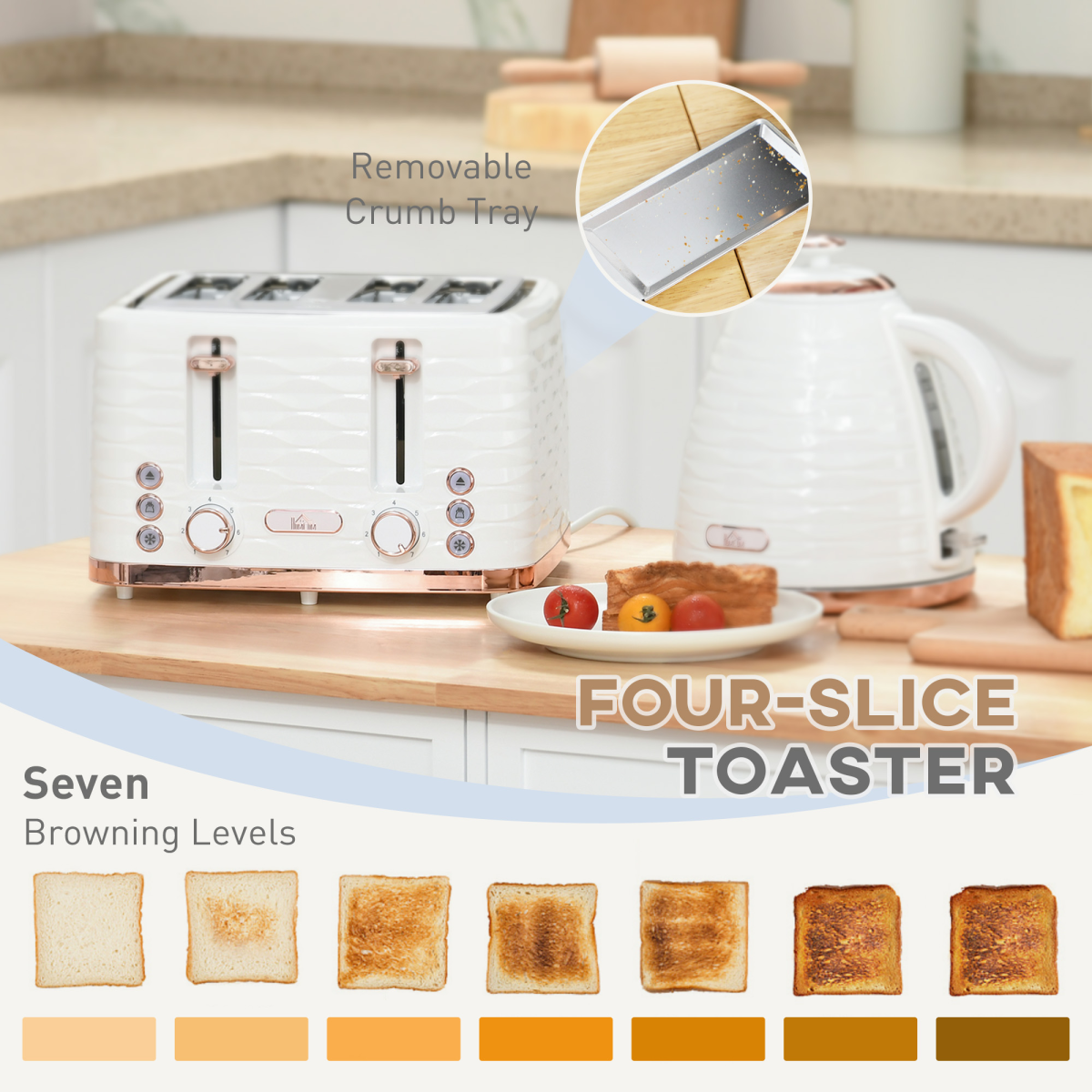 HOMCOM Kettle and Toaster Set 1.7L Rapid Boil Kettle & 4 Slice Toaster White
