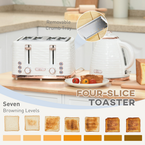 HOMCOM Kettle and Toaster Set 1.7L Rapid Boil Kettle & 4 Slice Toaster White