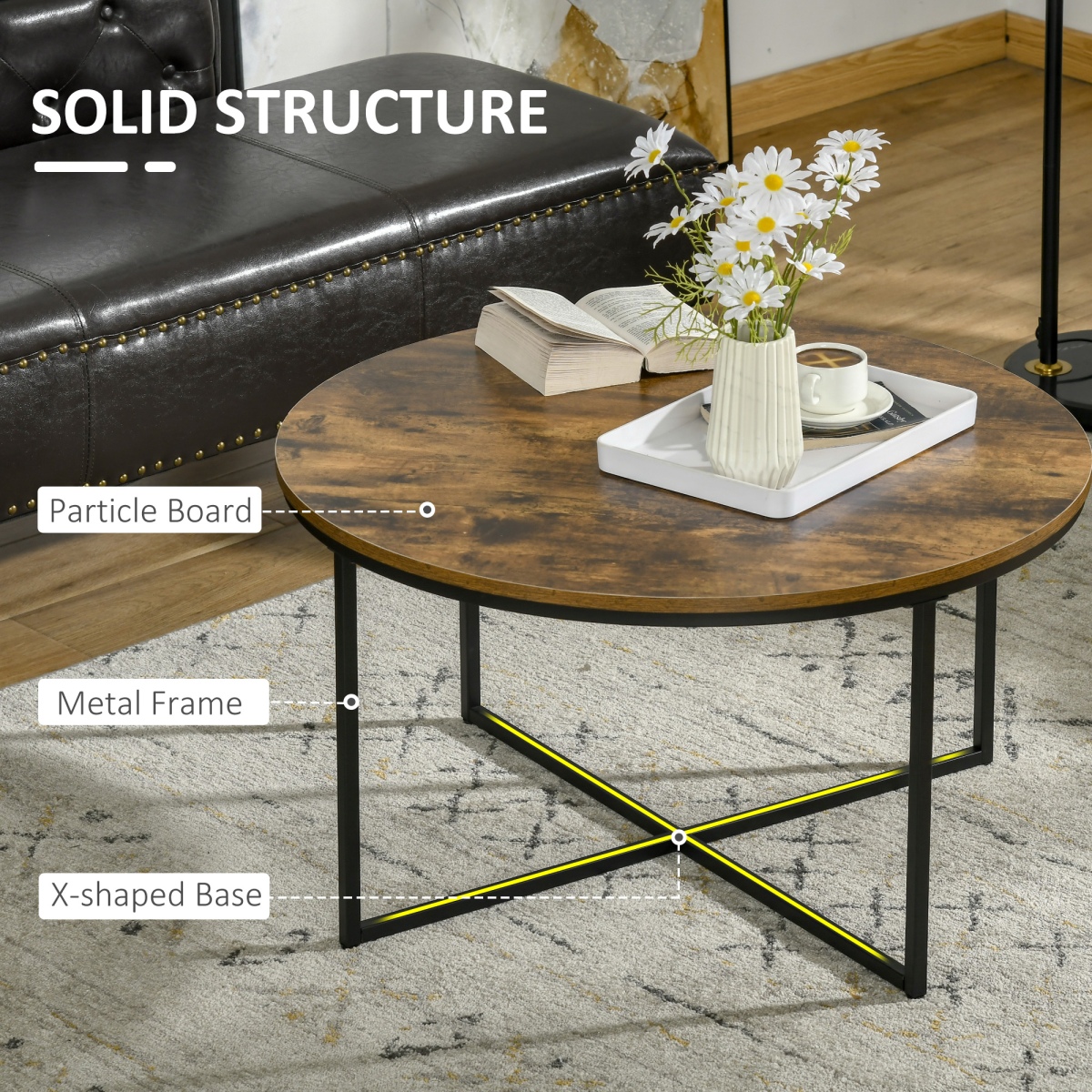 Industrial Round Side Table with Metal Frame, Large Tabletop, Rustic Brown