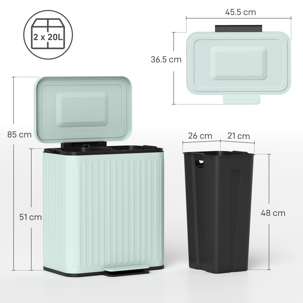 HOMCOM 2 x 20L Double Rubbish Bin, Pedal Bin with Soft-Close Lid, Green