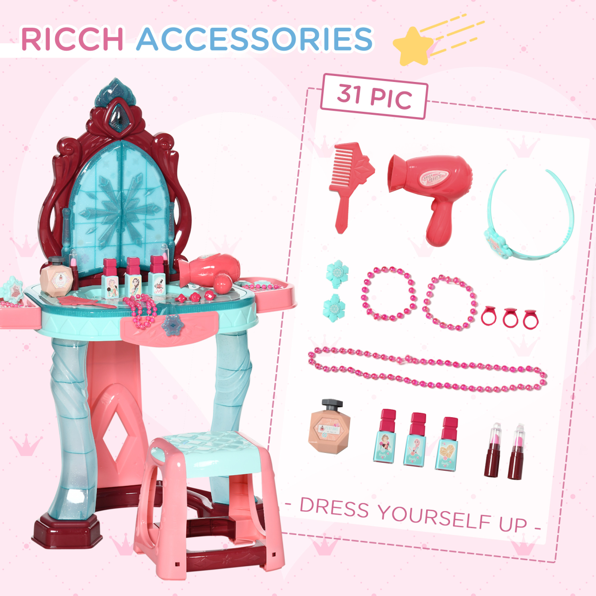 31 Piece Kids Dressing Table w/ Magical Princess Mirror, Light and Music