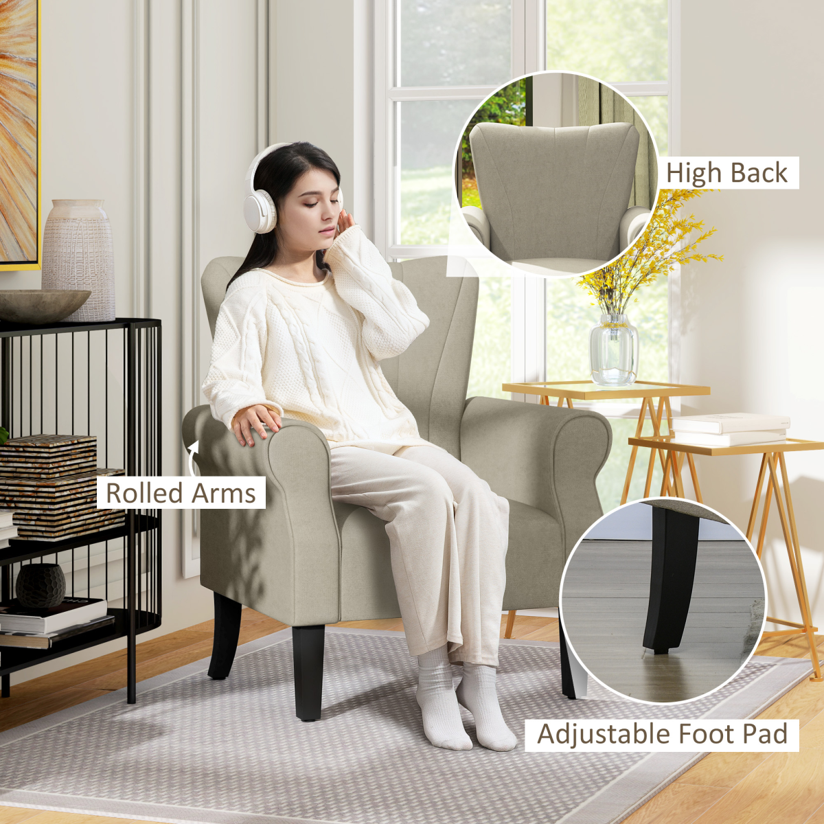 HOMCOM Armchair, Upholstered Modern Accent Chair with Wood Legs, Beige