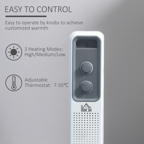 1630W Oil Filled Radiator, Adjustable Thermostat Safety switch, White
