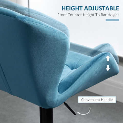 Set Of 2 Luxurious Velvet-Touch Bar Stools w/ Metal Frame Footrest Base Blue