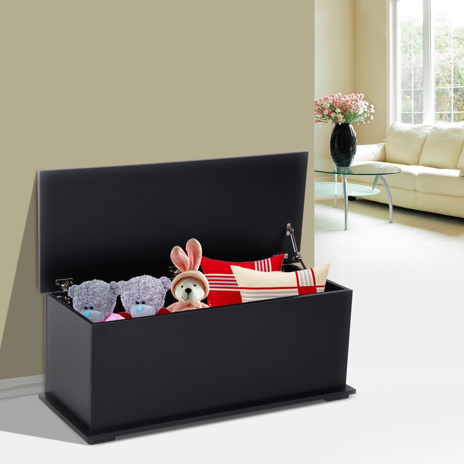 HOMCOM Ottoman Storage Box Chest Cabinet Keepsake With Lid Chipboard Black