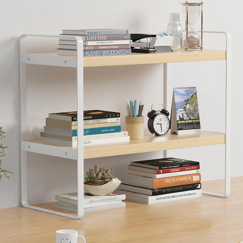 Milky Way 2-Tier Desktop Bookshelf Organizer,Wood Desk Shelf, White Frame﻿