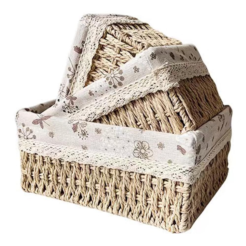 BEVKAF Seagrass Set of 3 Rectangular Storage Baskets (Pear Blossom Style)