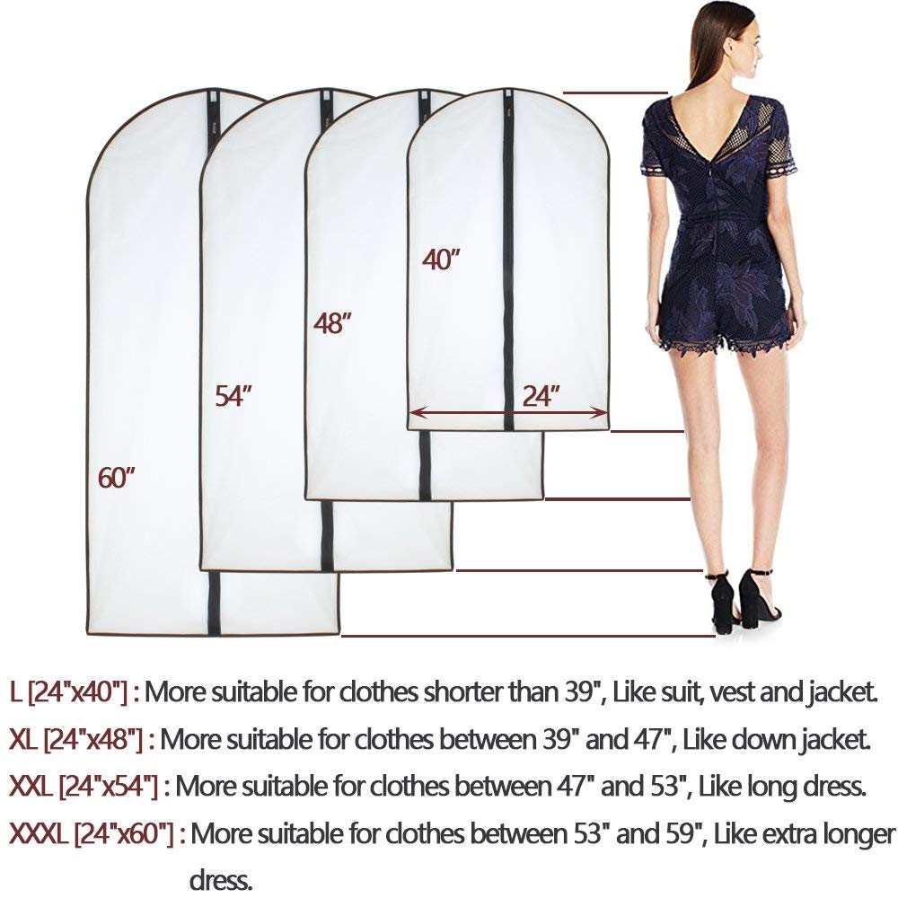 Moth Proof Garment Bags 60 x 120cm(24'' x 48'') Black Side Breathable Clear Garment Full Zipper Bags for The Winter Coats Jackets Clothes(Pack of 6)