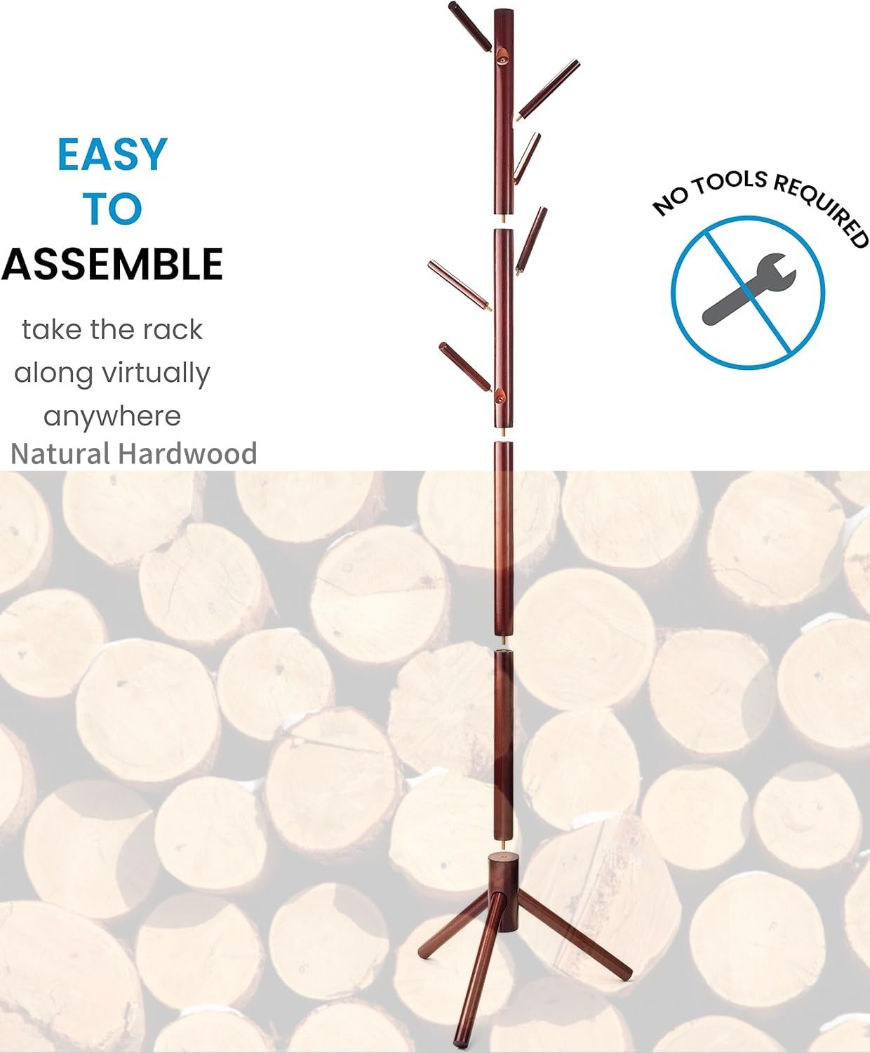 MEILEWLE Coat Stand, Coat Rack Freestanding, Coat Tree, w/ 6 Hooks and 3 Adjustable Size Solid Wood Coat Rack Stand easy to assemble for Bedroom