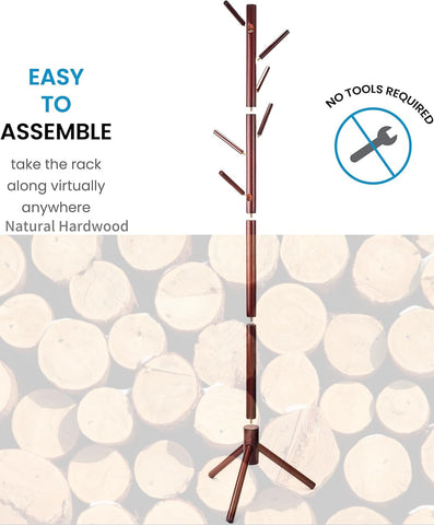 MEILEWLE Coat Stand, Coat Rack Freestanding, Coat Tree, w/ 6 Hooks and 3 Adjustable Size Solid Wood Coat Rack Stand easy to assemble for Bedroom