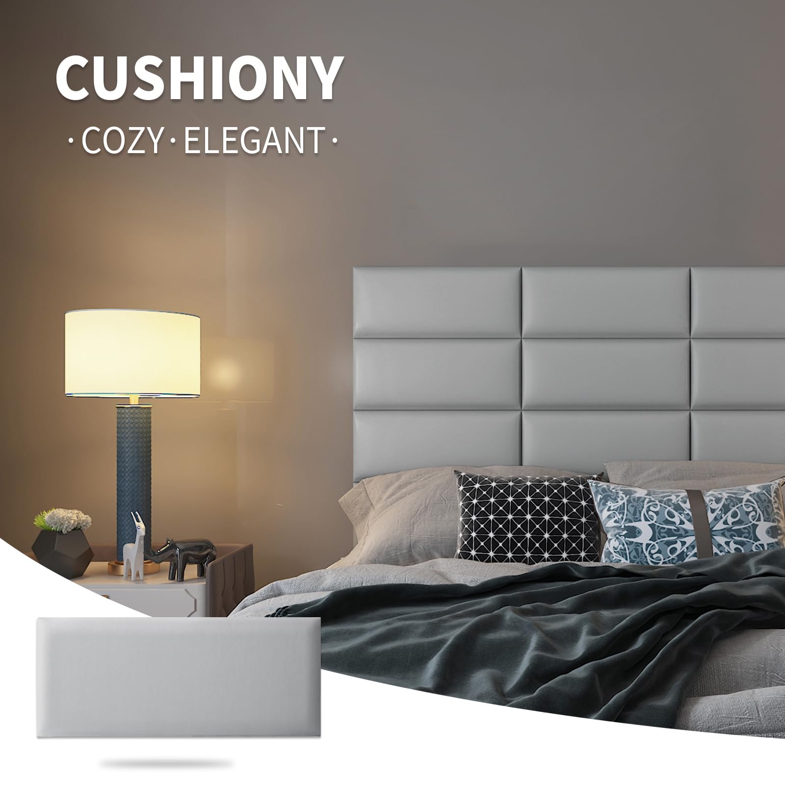 Art3d Peel and Stick Headboard for Twin in Grey, Pack of 6 Panels Sized 9.84" x 23.62", Soundproof Wall Panels 3D, Upholstered Wall Panel