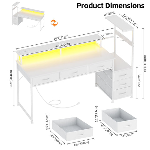 WEMANER 151cm Computer Desk with 6 Fabric Drawers, Reversible Home Office Desk with Printer Cabinet, Writing Desk with Monitor Stand & Power Outlets