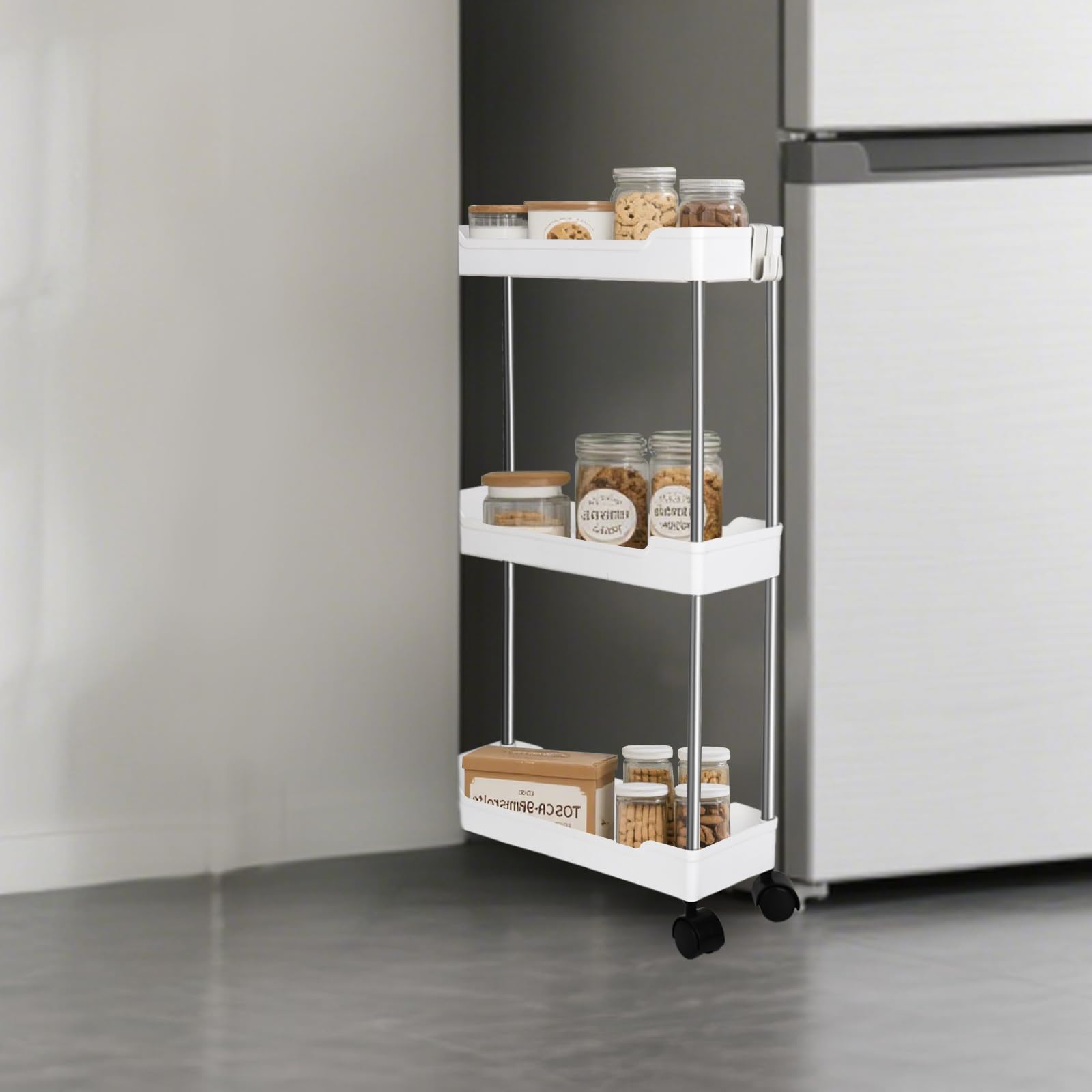 3 Tier Slim Storage Trolley Slide Out Rolling Utility Shelf Rack Storage Cart on Wheels Mobile Shelving Space Organizer with Hook for Small Narrow