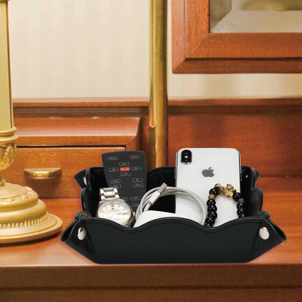 ABCHCHS Valet Tray for Men Women - PU Leather Travel Catchall Tray Organizer - Desk Bedside Nightstand Storage Box for Jewelry Key Phone Remote