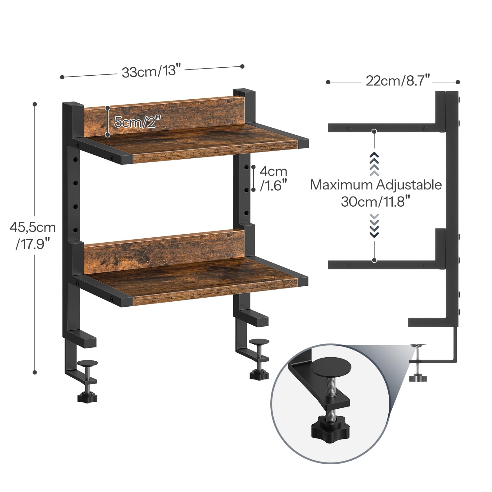 HOOBRO Clamp On Desk Shelf, 2-Tier Desktop Organizer, Space-Saving Desk Hutch with Adjustable Shelves, for Office, Study, Entertainment Accessories