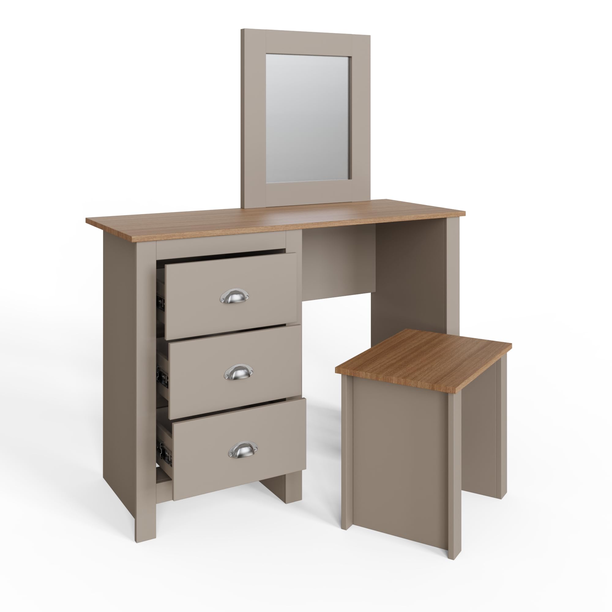 GFW Lancaster Dressing Table Set, Grey and Oak Effect Vanity Table with Mirror, Stool and 3 Drawers, Country Cottage Bedroom Furniture