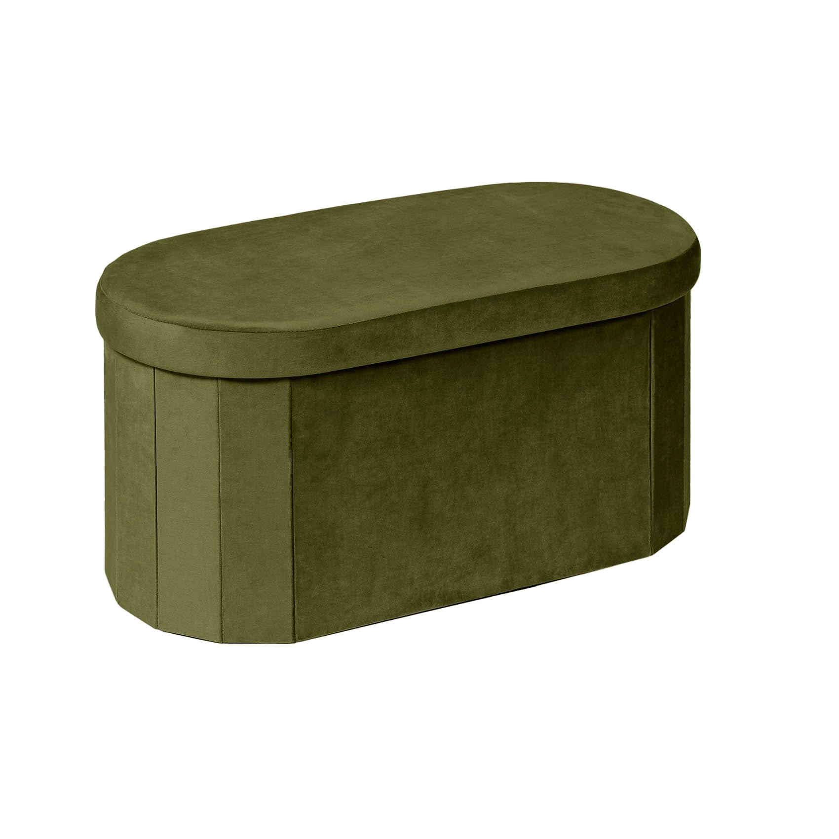 Bonlife Velvet Ottoman Storage Bench, Foldable Storage Chest with Lid,Oval Footstool for Living Room Bedroom Hallway, 76x38x38cm,Olive