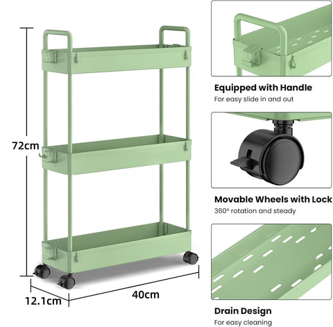 SOLEJAZZ 3-Tier Storage Trolley Cart Slide-out Slim Rolling Utility Cart Mobile Storage Shelving Organizer for Kitchen, Bathroom, Laundry Room