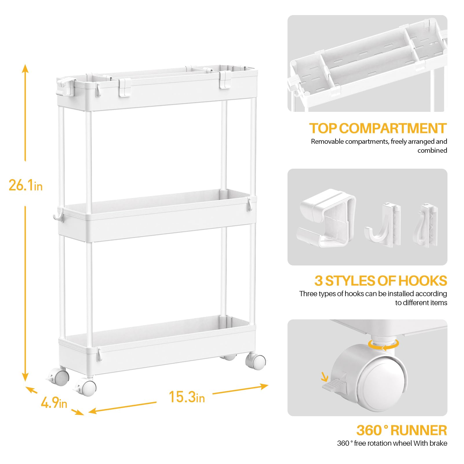 SAKA Slim Storage Cart,3 Tier Bathroom Rolling Utility Cart Storage Organizer Slide Out Cart