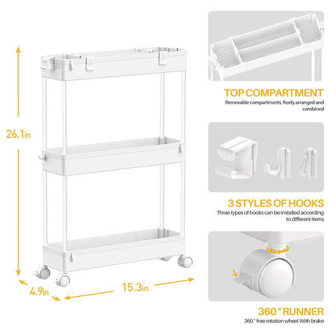 SAKA Slim Storage Cart,3 Tier Bathroom Rolling Utility Cart Storage Organizer Slide Out Cart