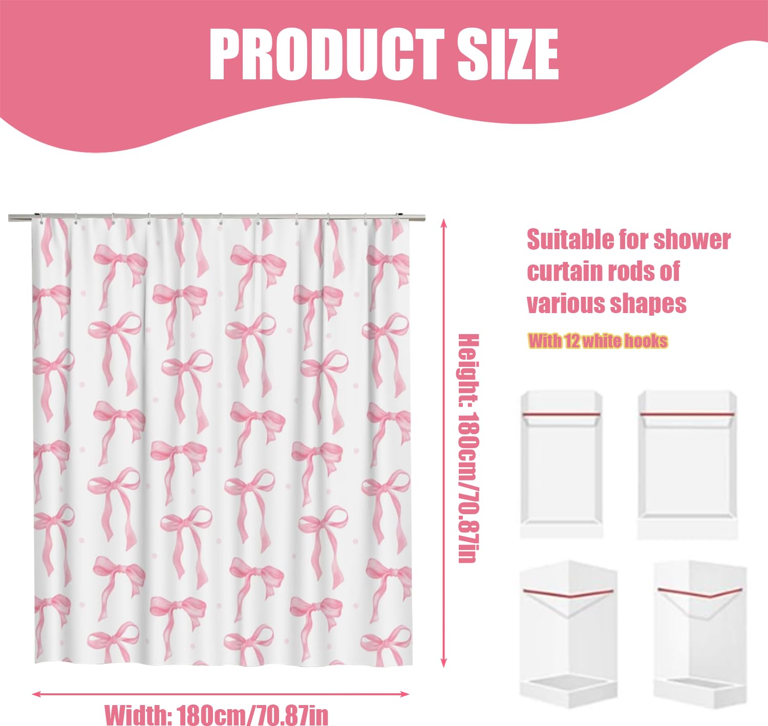 Onperpoe Cute Pink Bow Shower Curtain, 180 x 180cm, Waterproof & Mildew-Proof, 12 Hooks, Preppy Princess Style
