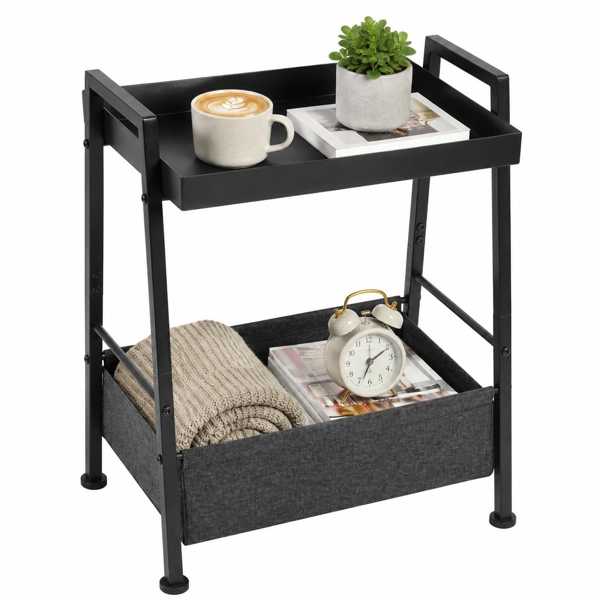 ZEXVIDA Small End Table with Fabric Storage Basket, 2-Tier Metal Side Table with Tray Top, Compact Nightstand Bedside Table for Living Room
