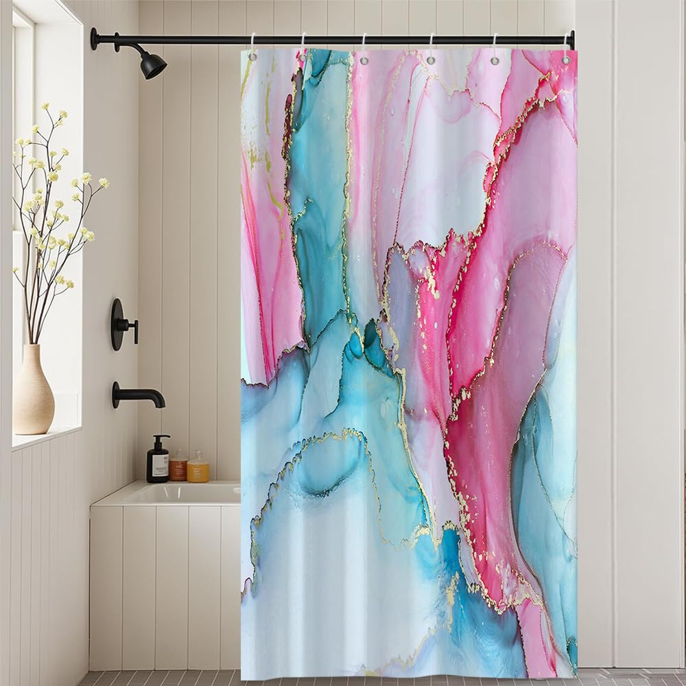 Xiaoterna Blue and Pink Gold Dots Marble Shower Curtain Modern Concise Waterproof Bathroom Curtain Abstract Contemporary Aesthetic Washable Mildew