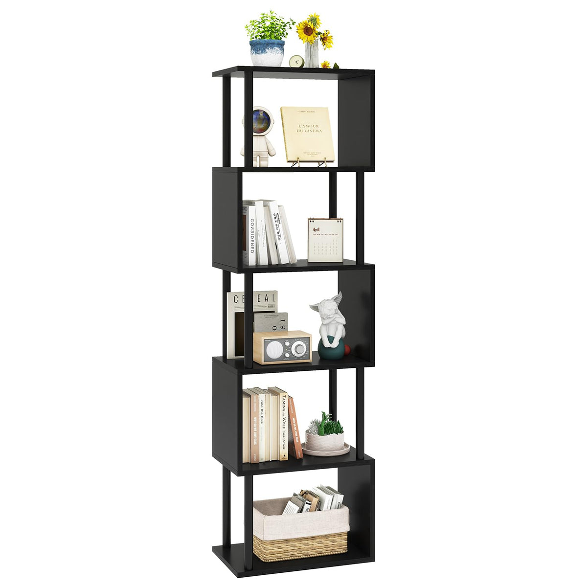 IBUYKE 6-Tier Tall Bookshelf,S-Shaped Geometric Bookcase,Black WBC016B