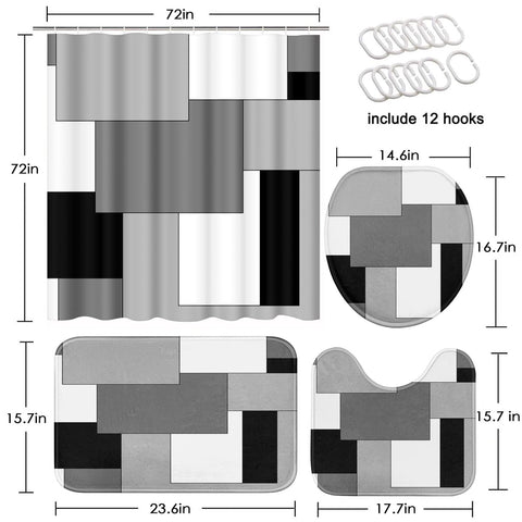 Tayney Grey Geometric Shower Curtain Set with Toilet Lid Cover and Non-Slip Rugs for Bathroom, Black White Checkered 4 Pcs Shower Curtain