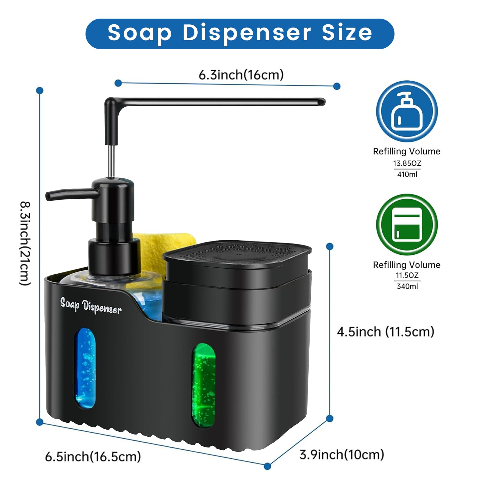 Hand Soap and Dish Soap Dispenser Set for Kitchen, Dual Soap Dispenser with Sponge Holderand Dishcloth Holder 4-in-1 Organizer for Kitchen Sink