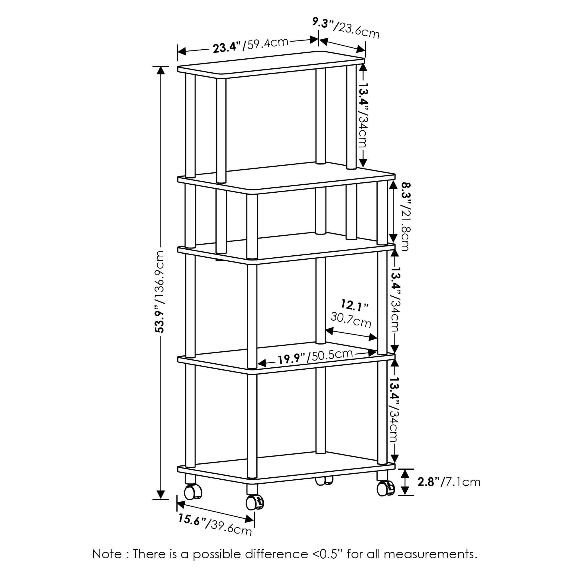 Furinno TURN-N-TUBE Bakers Rack with Wheels, 5-Tier Kitchen Storage Cart, Kitchen Cart, Coffee Bar, Pantry Organizers and Storage, Columbia Walnut