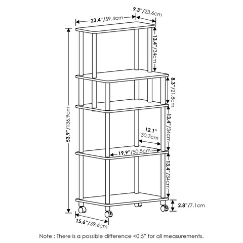 Furinno TURN-N-TUBE Bakers Rack with Wheels, 5-Tier Kitchen Storage Cart, Kitchen Cart, Coffee Bar, Pantry Organizers and Storage, Columbia Walnut