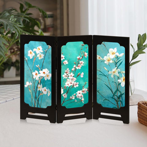 YANGSHINE Chinese Style Double Sided Lotus Pattern Mini Folding Screens Desktop Decoration Acrylic Foldable Screen with 3 Panel Divider for Home