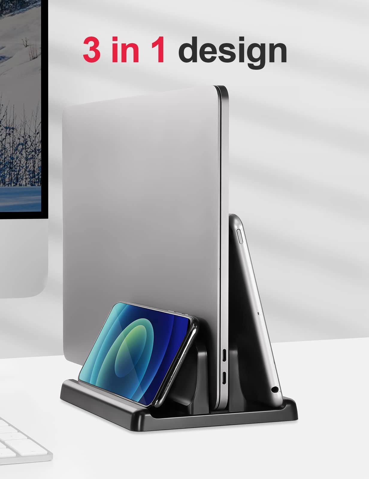 Saklifuo Vertical Laptop Stand 3 in 1 Adjustable Space-Saving Desktop Laptop Holder Sturdy ABS Portable Notebook Dock Compatible with All Notebooks