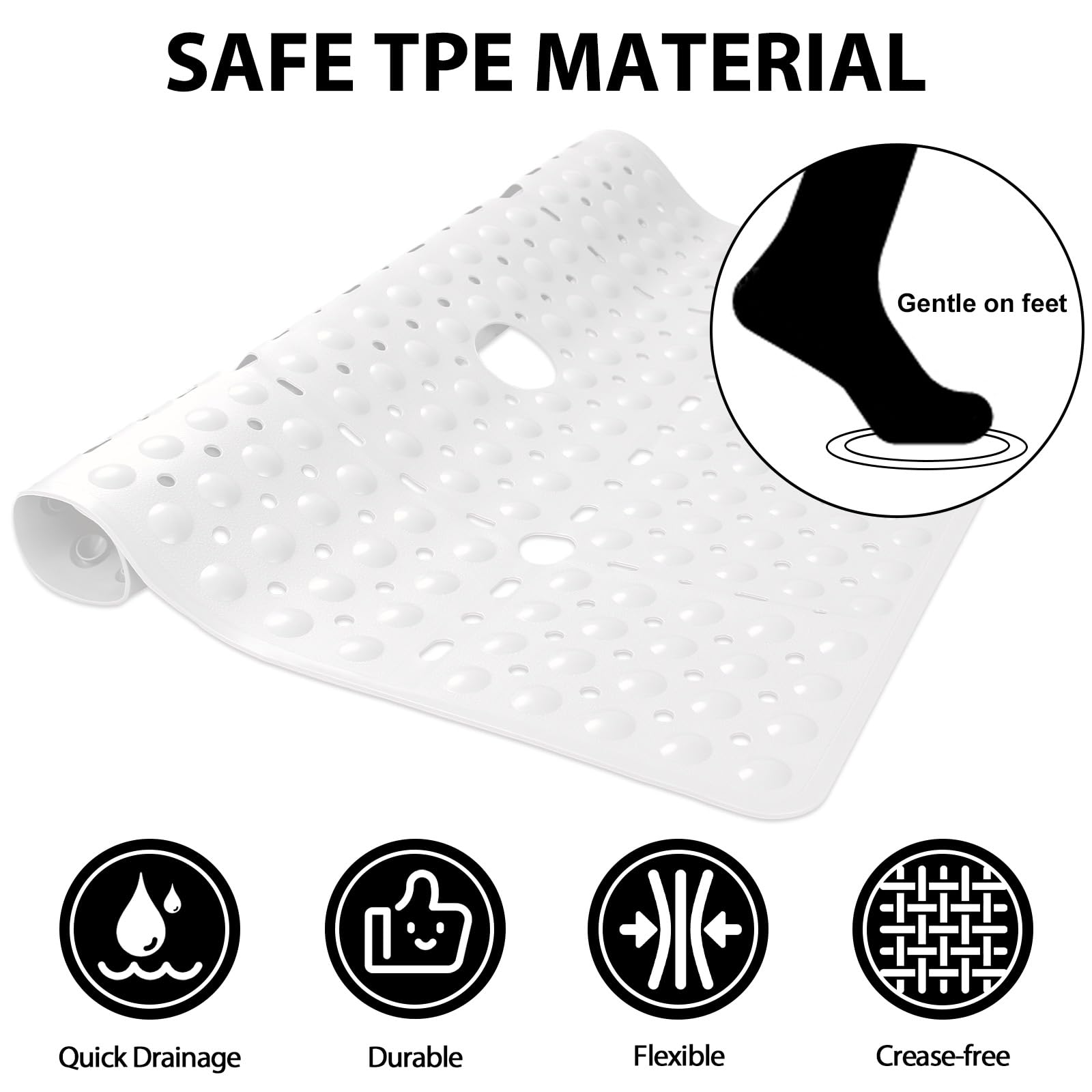 Square Shower Mat Non Slip: 70 X 70 cm Large Shower Mats for Inside Shower - Soft TPE Shower Mat Anti Slip Anti Mould with Drain Hole in Middle