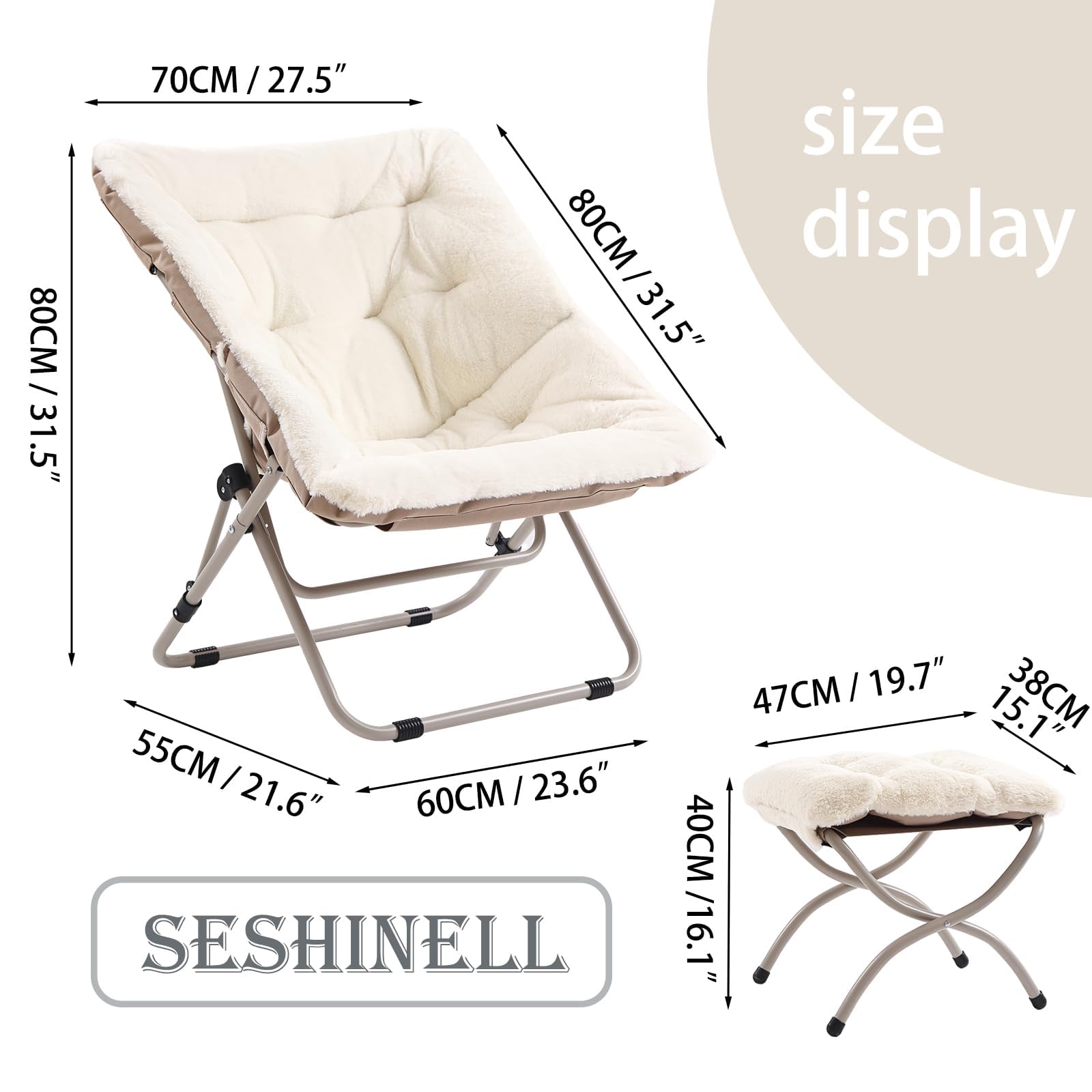 SESHINELL Comfy Saucer Chair With Ottoman - Oversized Foldable Faux Fur Lounge Set With Metal Frame Moon for Bedroom, Living Room, Dorm Rooms, Beige