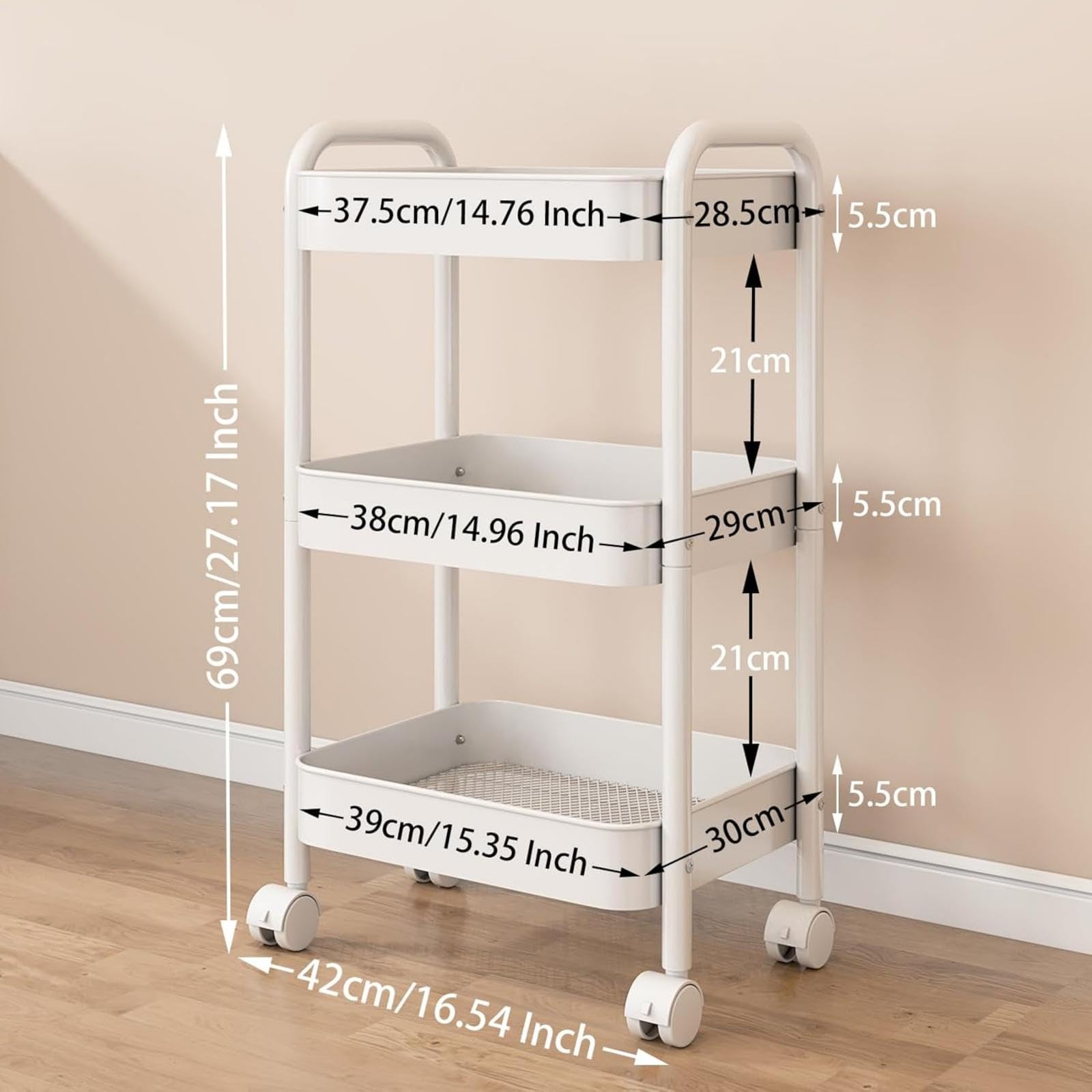 Nikphobos 3 Tier Storage Trolley, Metal Trolley Rolling Utility Cart on Wheels with Hooks, Multi-Purpose Organizer for Kitchen Bathroom Bedroom Office
