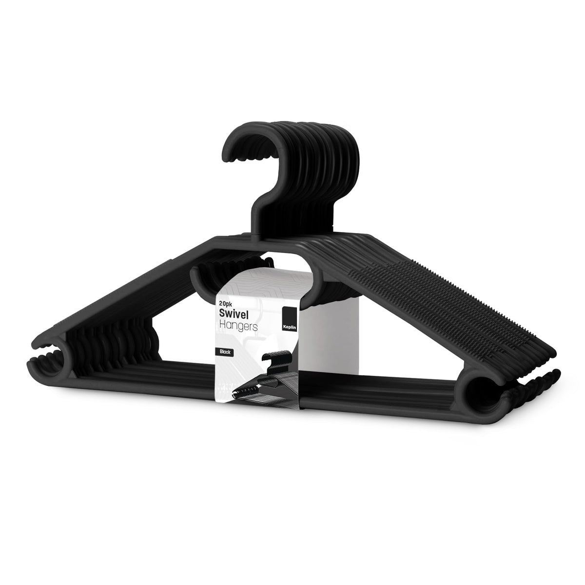 KEPLIN Space Saving Black Plastic Coat Hangers - 20 Pack | Heavy Duty Swivel Hook Hangers for Clothes, Coats, Dress, Shirt, Jacket, Trouser