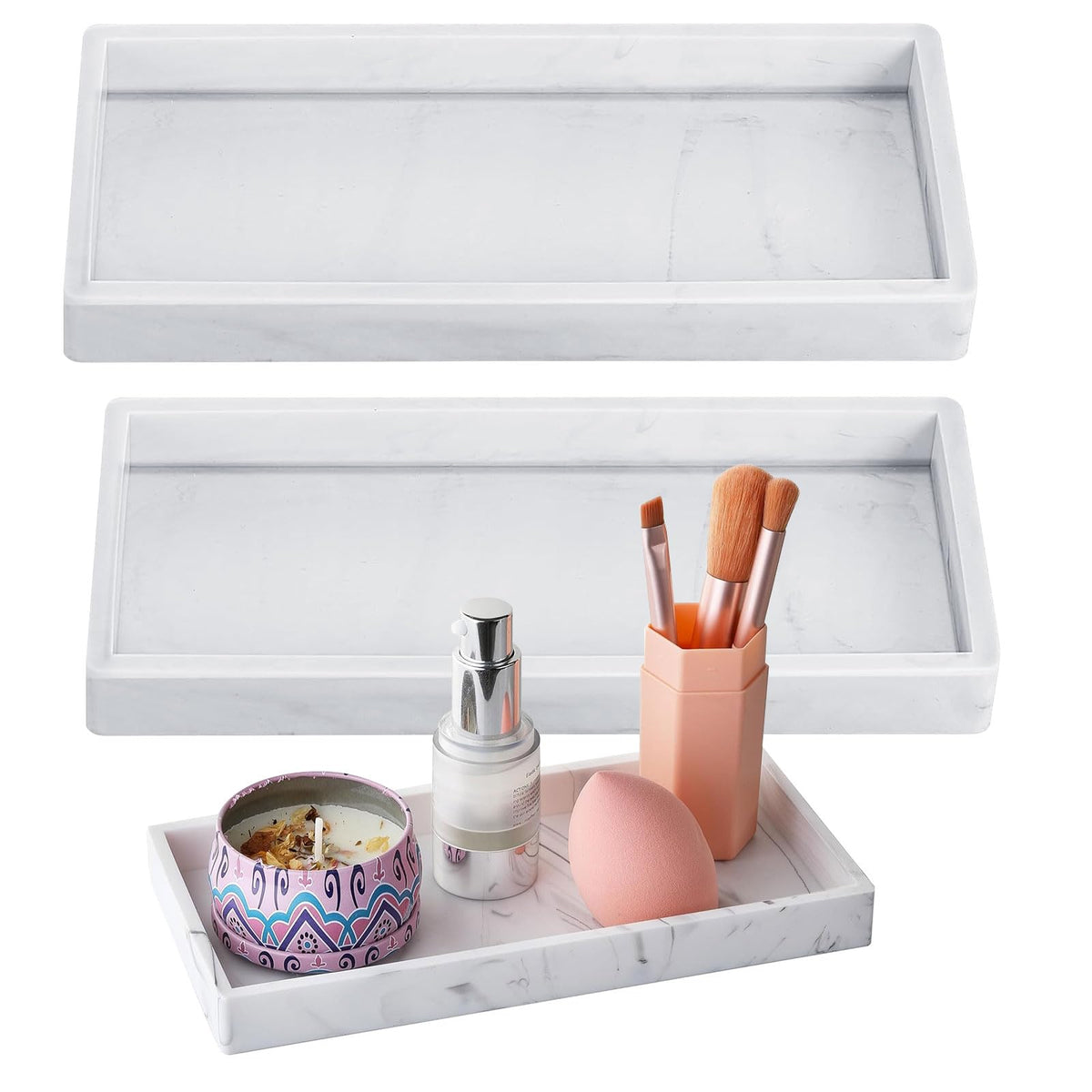 Bathroom Tray Rectangular Silicone Bowl Marble Pattern Storage Tray Jewellery Storage Box Cosmetic Tray Decorative Tray White for Kitchen Pack of 2