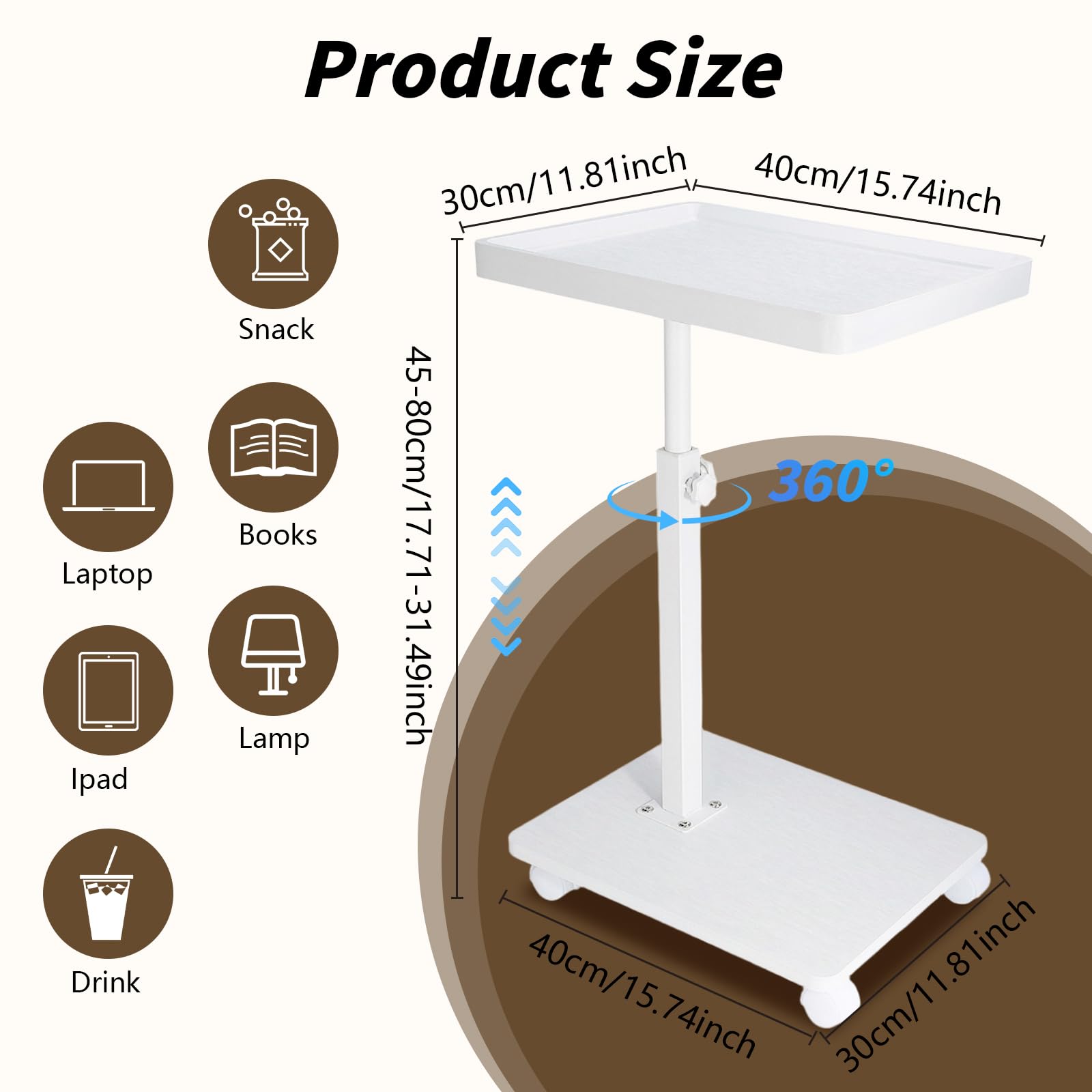 XUDREZ Adjustable Side Table, C Shaped Small Table with 4 Wheels 364° Swivel Tray, End Table for Living Room Bedroom Sofa Small Spaces (White