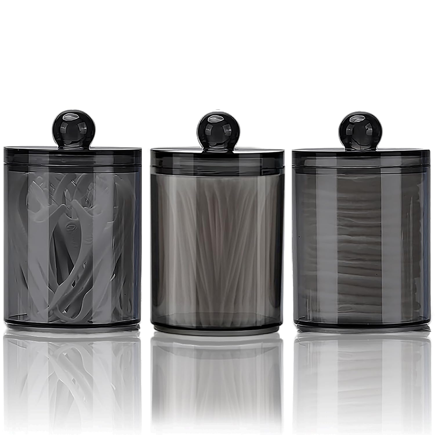 WUMUTI 3 PCS Cotton Bud Holder Cotton Pad Dispenser with Lids, 10 oz Clear Black Qtip Holder Bathroom Canisters Cosmetic Storage Jars for Cottons