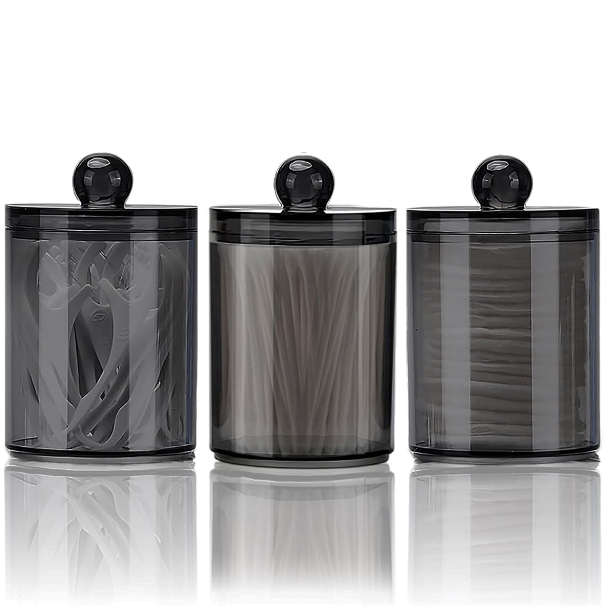 WUMUTI 3 PCS Cotton Bud Holder Cotton Pad Dispenser with Lids, 10 oz Clear Black Qtip Holder Bathroom Canisters Cosmetic Storage Jars for Cottons