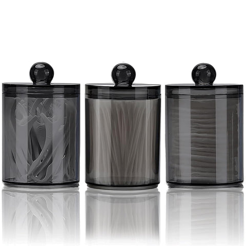 WUMUTI 3 PCS Cotton Bud Holder Cotton Pad Dispenser with Lids, 10 oz Clear Black Qtip Holder Bathroom Canisters Cosmetic Storage Jars for Cottons