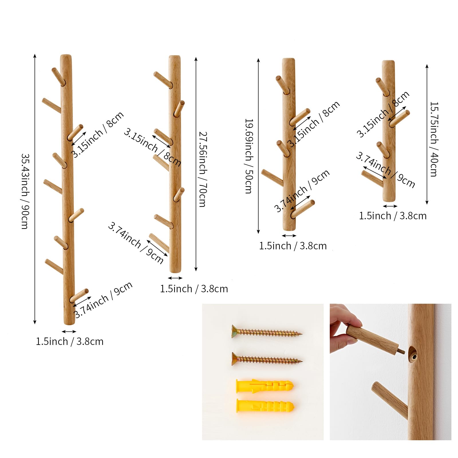 OAKERLAND Wooden Coat Rack Wall Mounted, 70cm Oak Floating Hooks for Jackets, Bag, Scarves, Handbags, 7 Hooks Branch Shape Coat Rack for Entryway