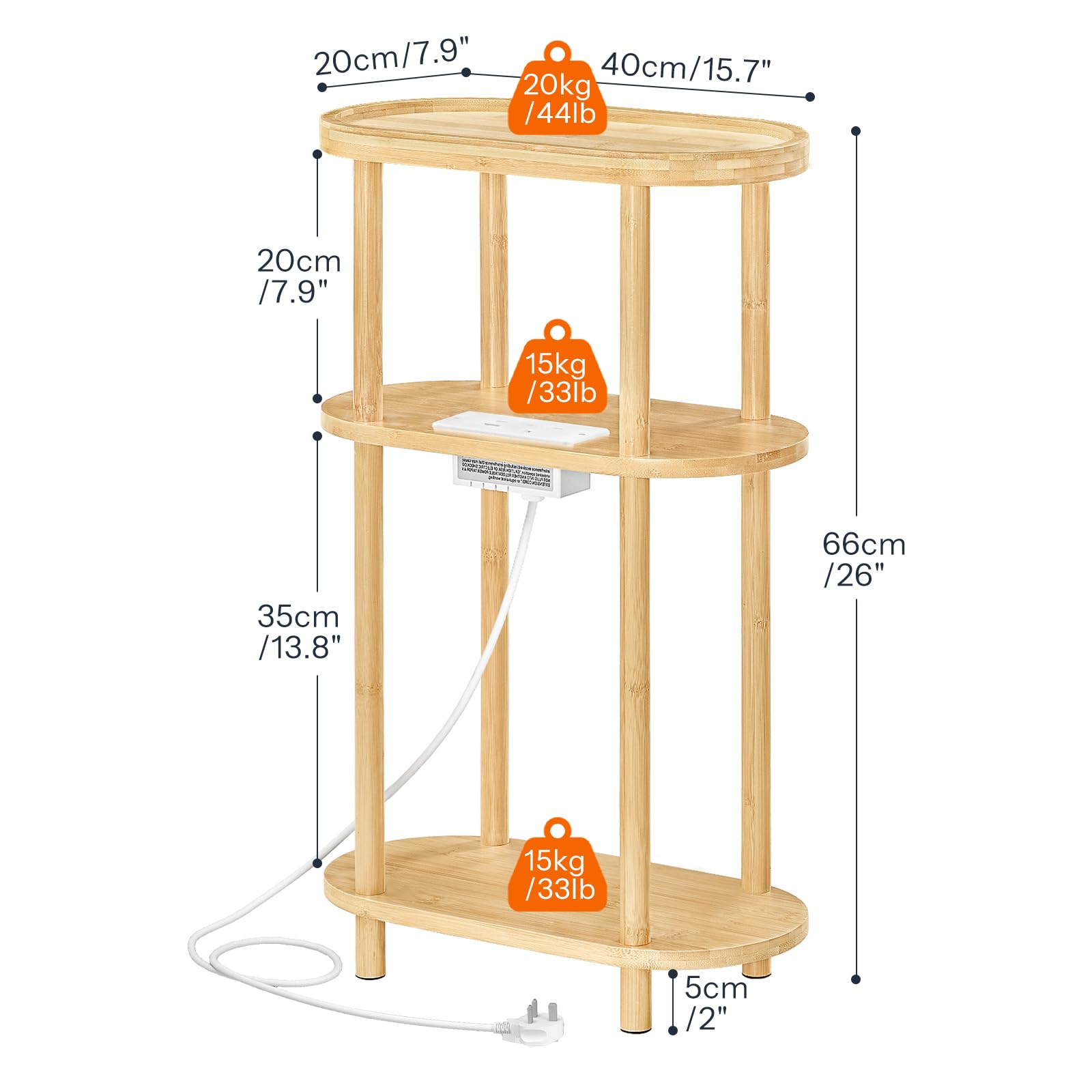 HOOBRO Narrow Side Table with Charging Station, 3 Tier Bamboo Slim End Table, 40 x 20 x 66 cm Narrow Bedside Table, Sofa Side Table, for Living Room