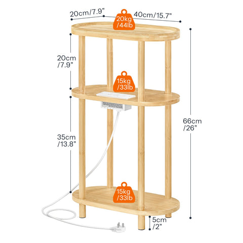HOOBRO Narrow Side Table with Charging Station, 3 Tier Bamboo Slim End Table, 40 x 20 x 66 cm Narrow Bedside Table, Sofa Side Table, for Living Room