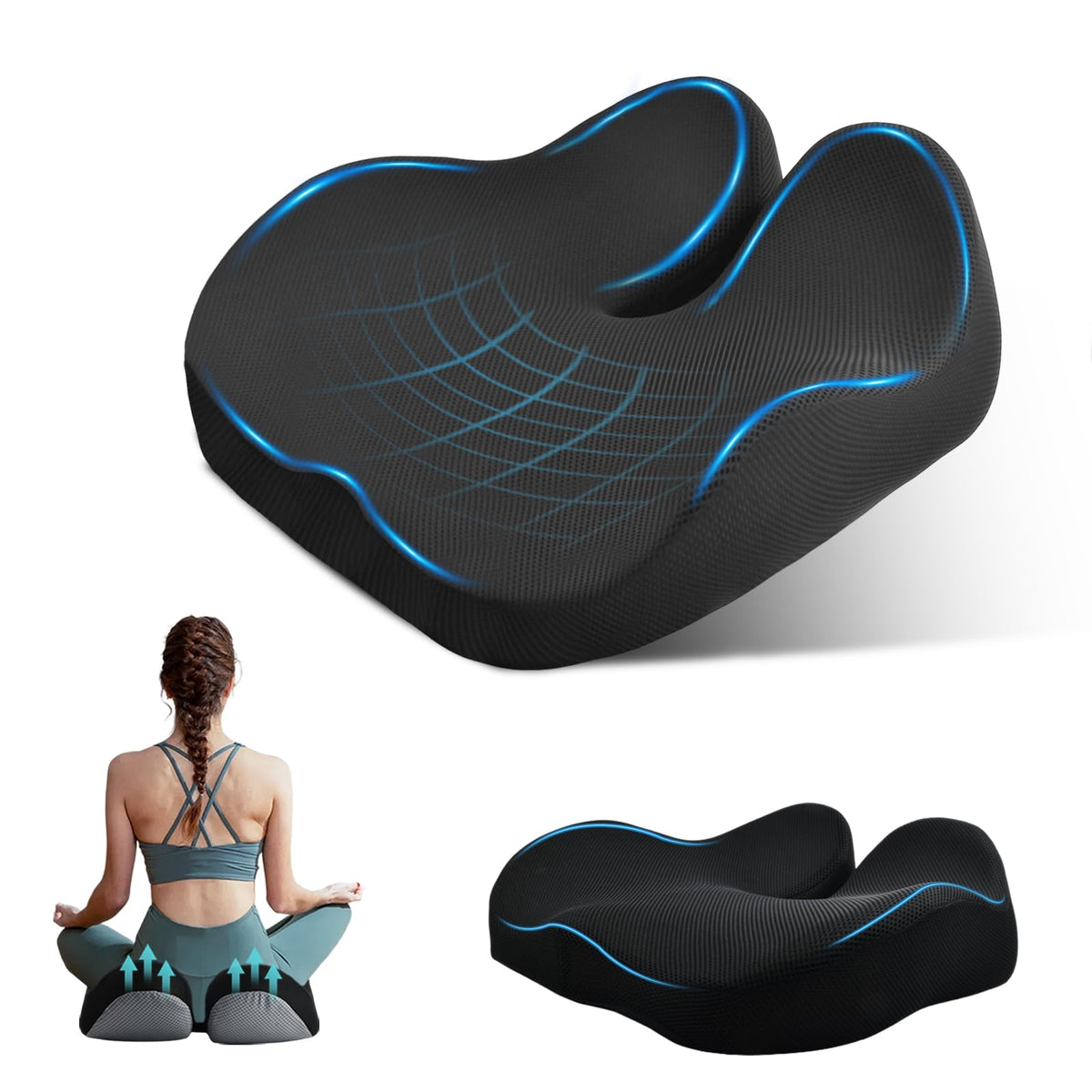 Memory Foam Seat Cushion for Long Sitting, Ergonomic Tailbone Coccyx Pain Relief, Orthopedic Viscoelastic Pad with Washable Non Slip Cover
