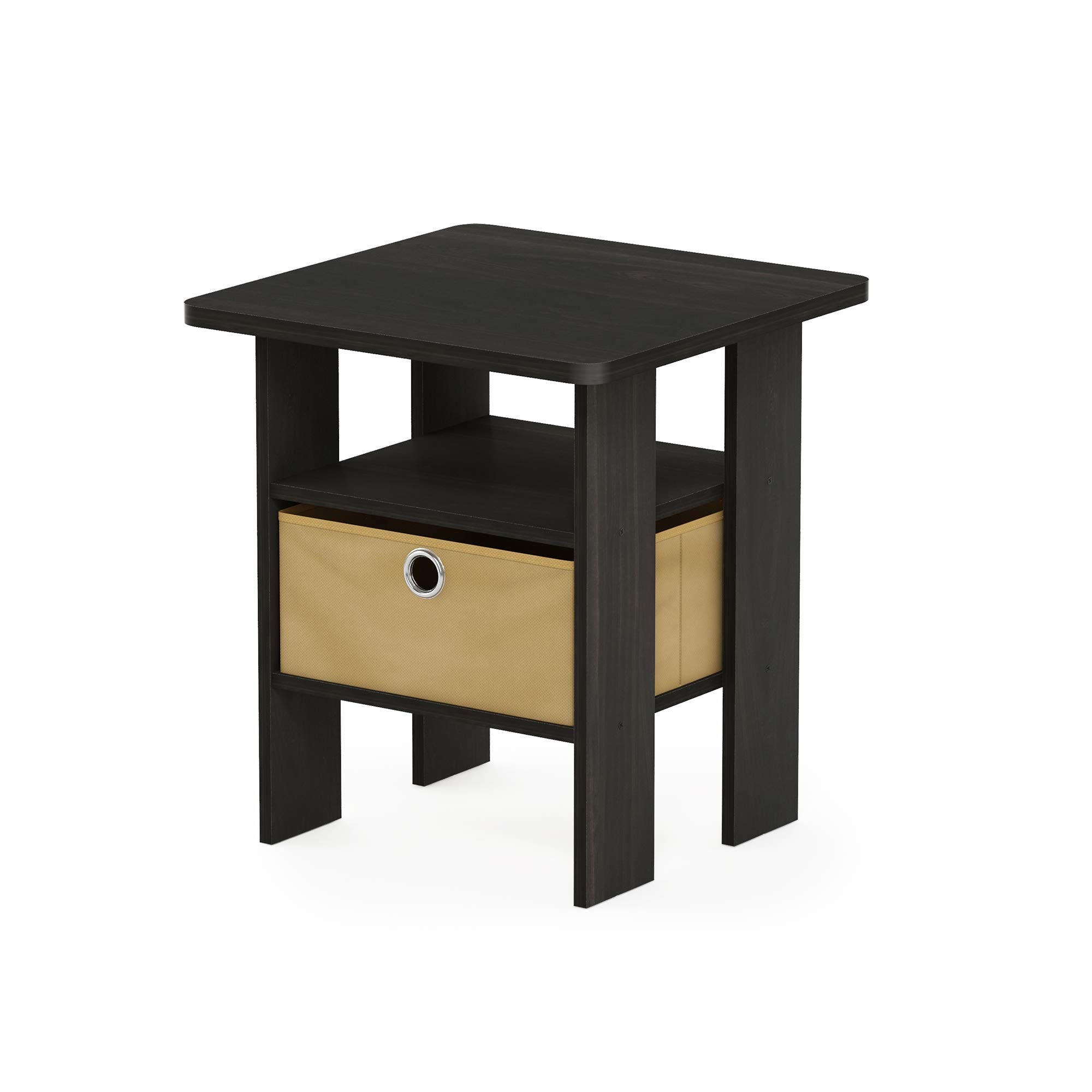 Furinno ANDREY Side Table, End Table, Night Stand with Open Shelves and Storage Bin, Bedside Table, for Living Room, Bedroom, Dark Espresso